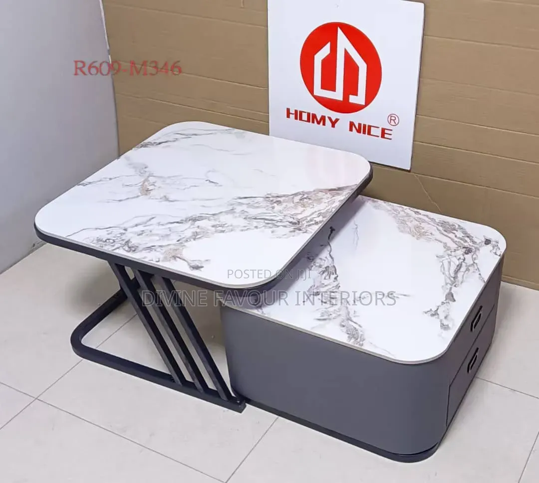 Modern 2-Tier Marble Top Coffee Table Set With Drawer Metal Frame