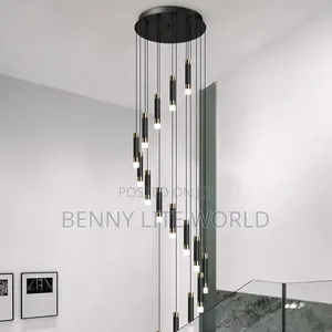 Modern Led Staircase Pendant Light Featuring a Black and Gold