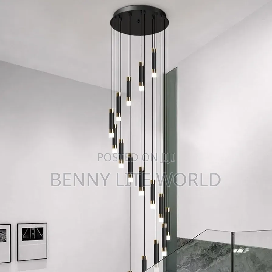 Modern Led Staircase Pendant Light Featuring a Black and Gold