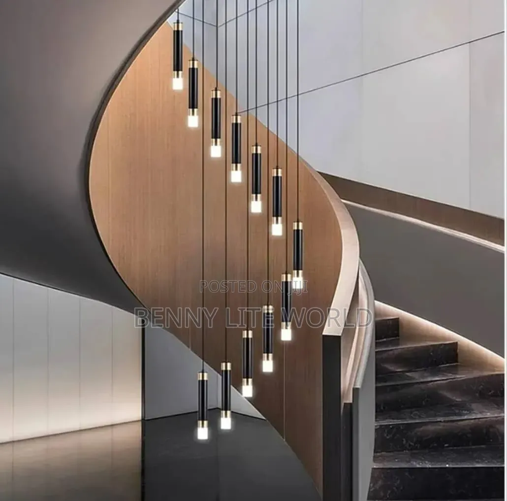 Modern Led Staircase Pendant Light Featuring a Black and Gold