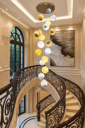 Modern Long Staircase Led Colored Glass Globe Pendant Chandelier.