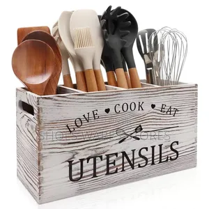 Rustic Wooden Kitchen Utensil Holder - 3 Compartment Organizer