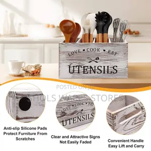 Rustic Wooden Kitchen Utensil Holder - 3 Compartment Organizer