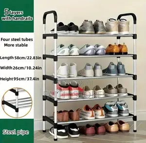 5 Step Strong Durable Shoe Rack Black/Silver Steel (Big Pole)