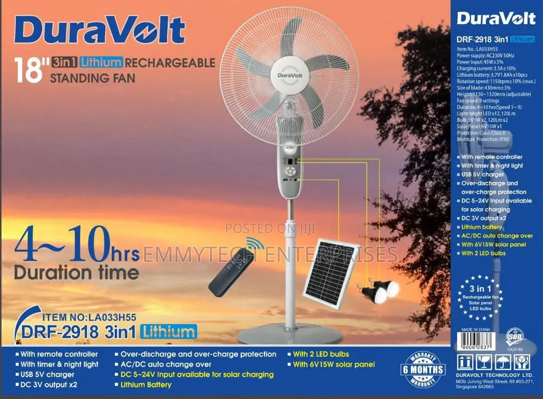 18" Duravolt Rechargeable Solar Standing Fan 18inch
