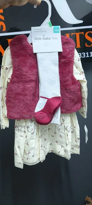 Cute Koala Baby" 3-Piece Cherry Print Dress Faux-Fur Vest Set