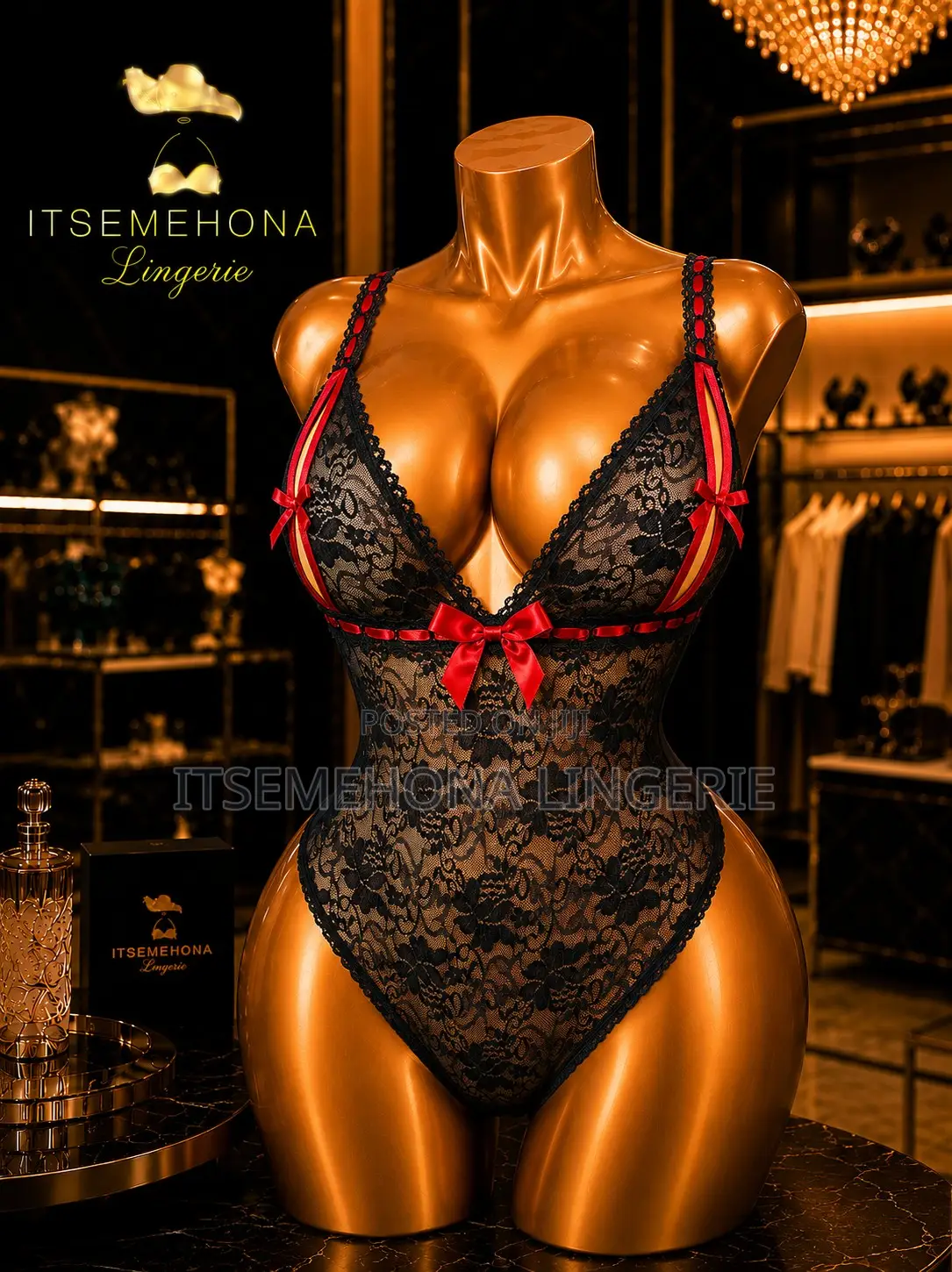 Black With Red Sheer Net Bodysuit Open Bust and Open Crotch