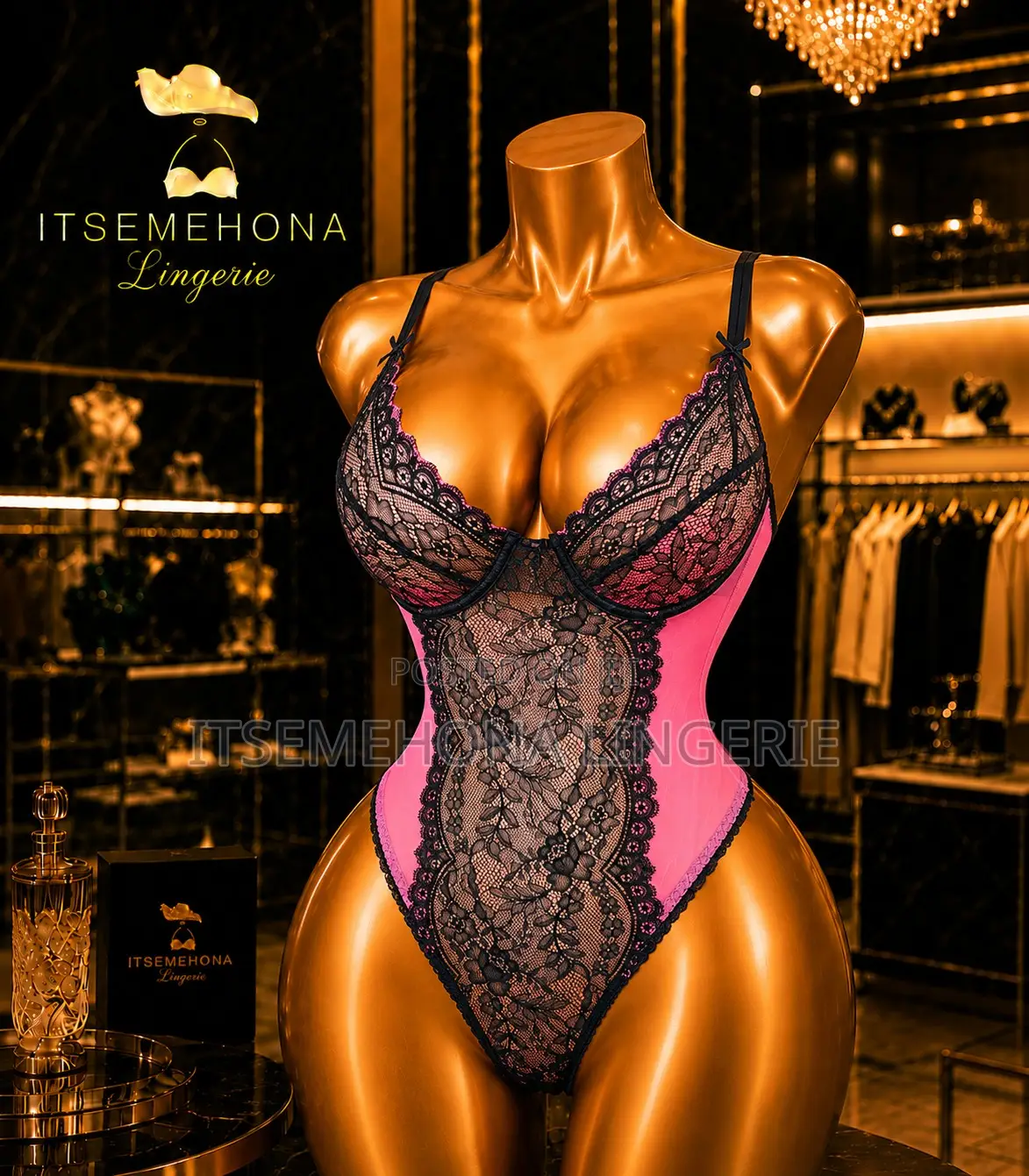 Pink and Black Thong Bodysuit