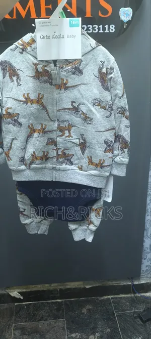 Cute Koala 3-Piece Dinosaur Zip-Up Hoodie, Joggers, Bodysuit Set