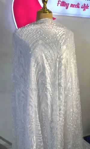 High Quality White Beaded Lace Fabric