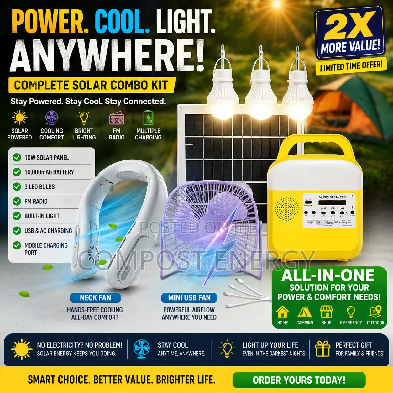 Combo Promo Solar Home System + Neck Fan + Usb Fan