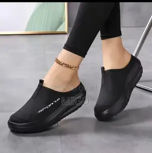 Women's Backless Sports Mules - All Black Mesh Slip-Ons