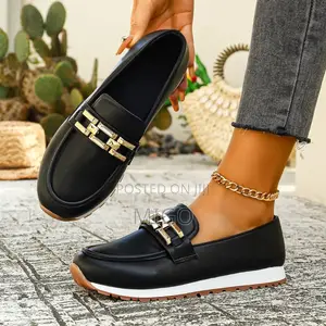 Ladies' Black Leather Loafer Sneakers - Casual Comfort Slip-Ons