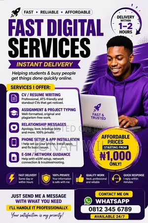 Fast Typing, Cv Writing Phone Setup Services Available
