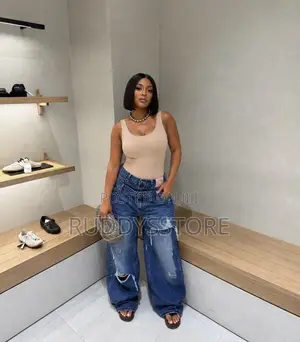Edgy Double-Waist Ripped Barrel Jeans