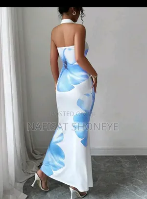 Elenzgwomen's 2025 Summer Halter Waist Slim Fit Print Mid-Length Dress