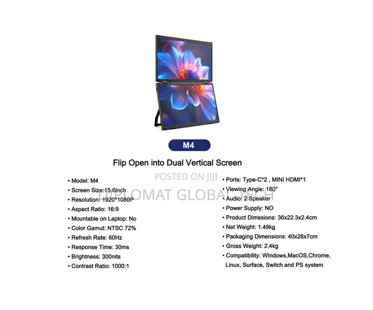 Screen-V2com-M4-Triple Foldable FHD Laptop Screen Extender 15.6” 60hz