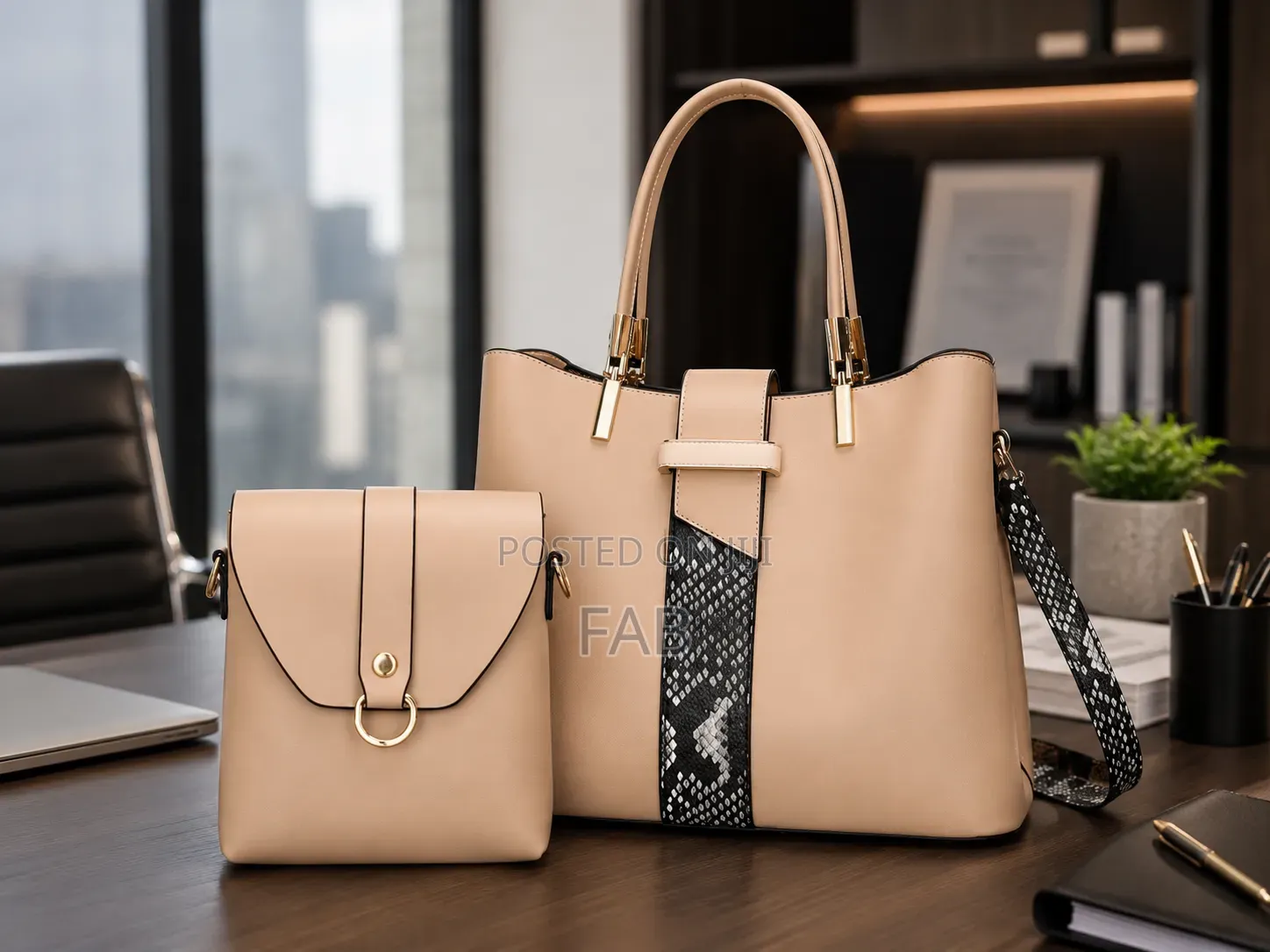 2 Pc Leather Bag - Beige