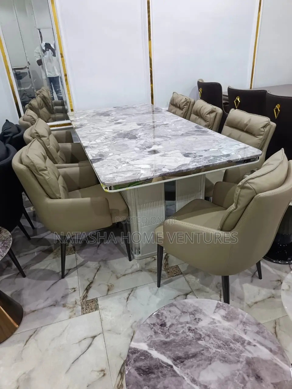 Grey Marble Dining Table With 8 Seater Beige Chairs
