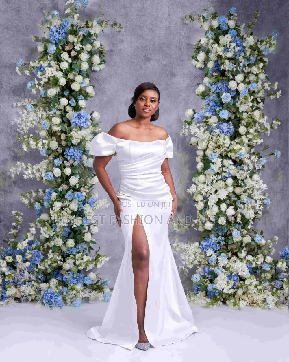 Satin Off-Shoulder Dress With Slit