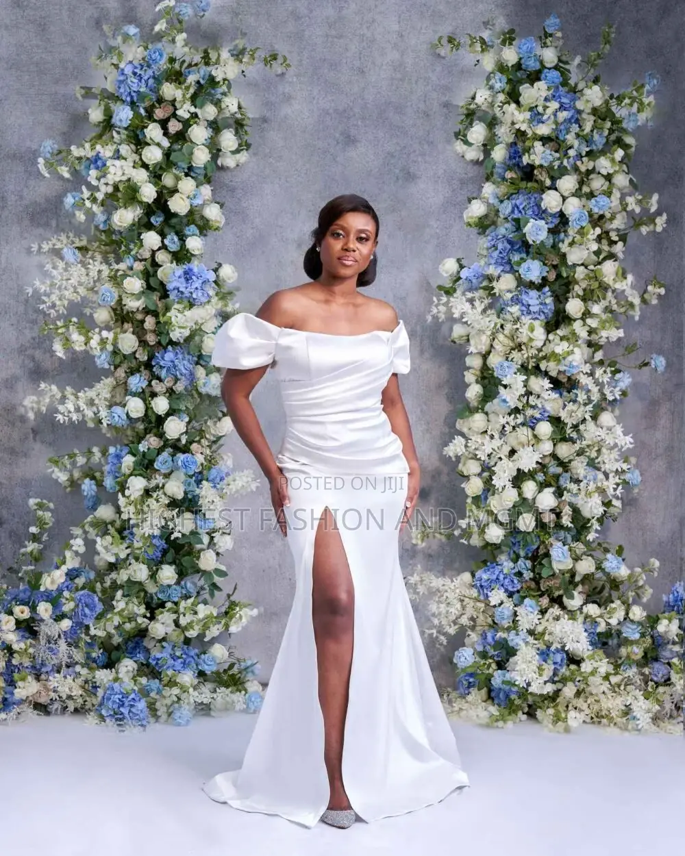 Satin Off-Shoulder Dress With Slit
