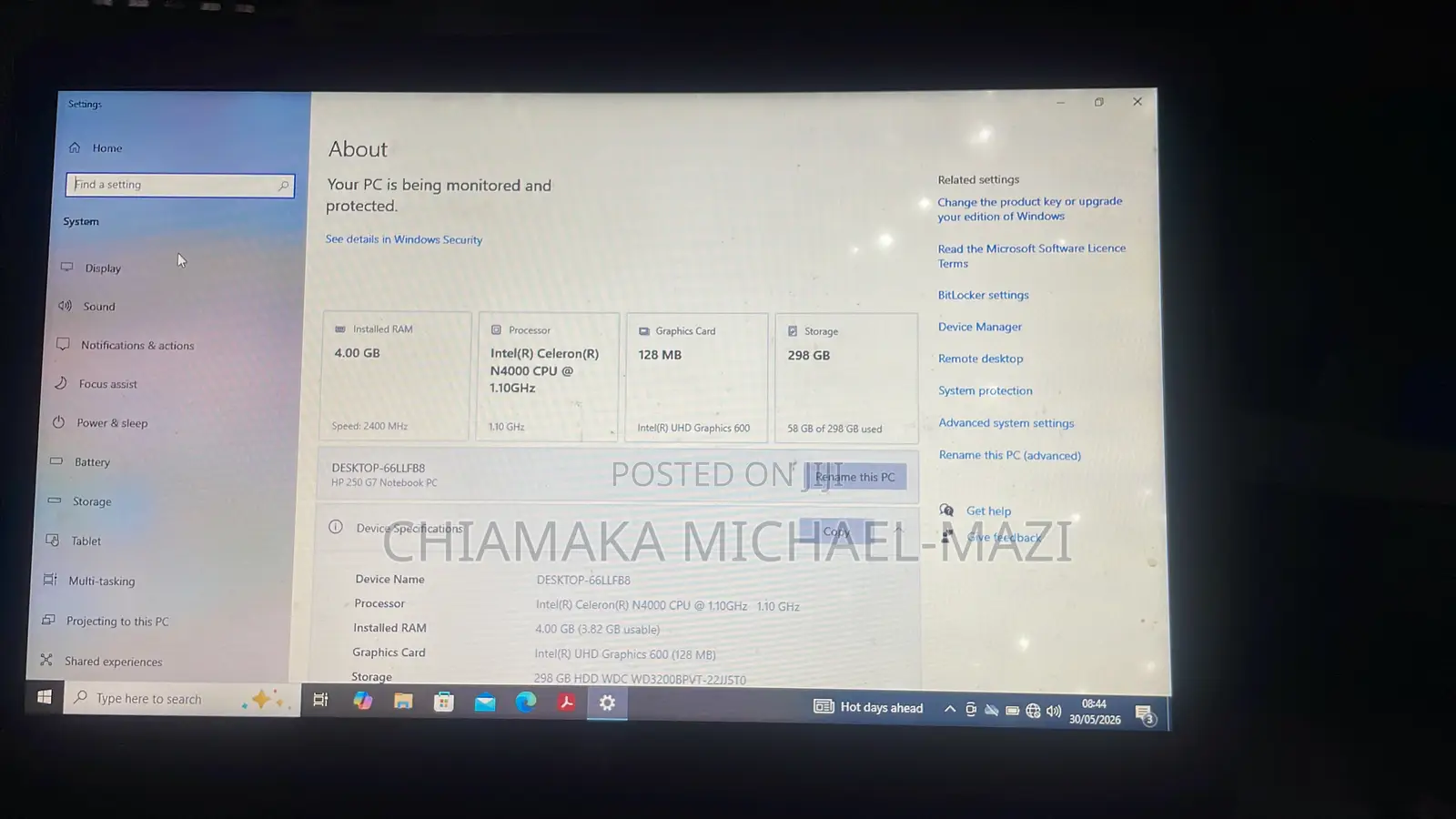 Laptop HP 250 G7 4GB Intel Celeron SSD 256GB