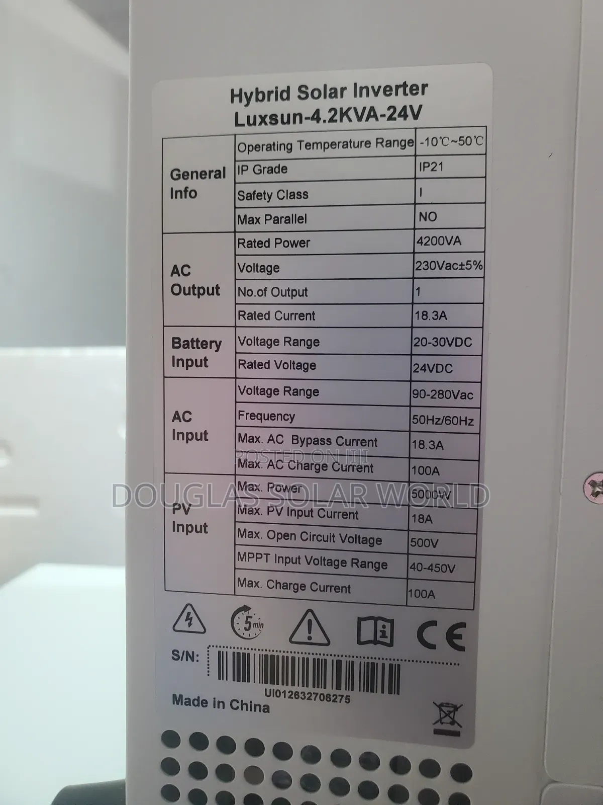 Lux 4.2kva Hybrid Inverter/3kwh Lithium Battery Solar System/Solution