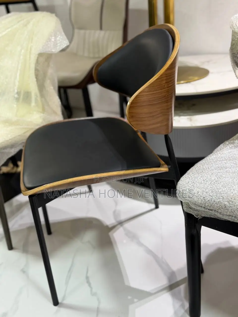 Designer Walnut Black Leather Dining Chair