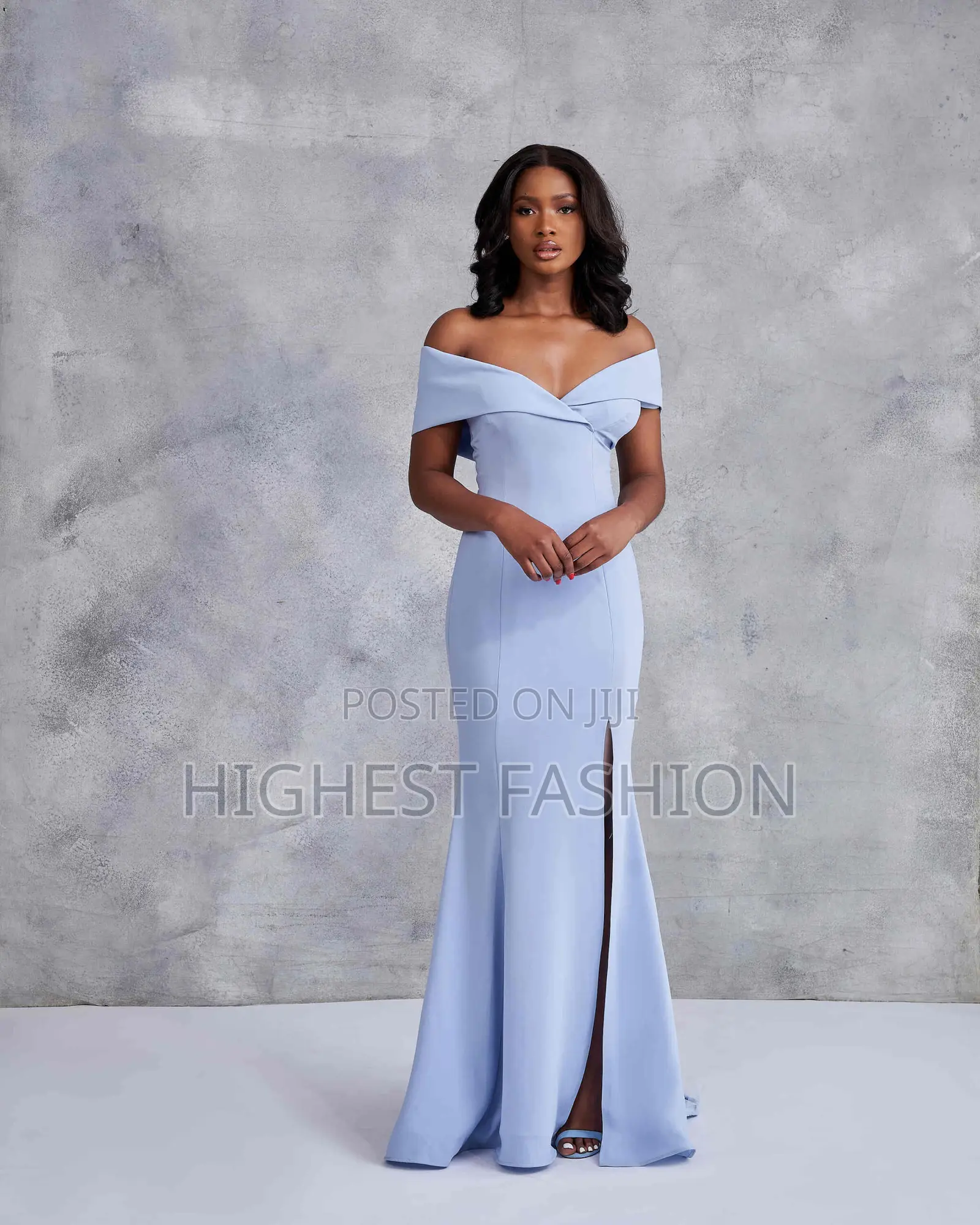 Off Shoulder Side Slit, Floor Length Gown