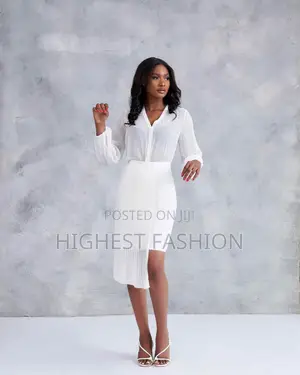Chiffon Button Down Shirt With Long Bubble Sleeves, Crepe Skirt