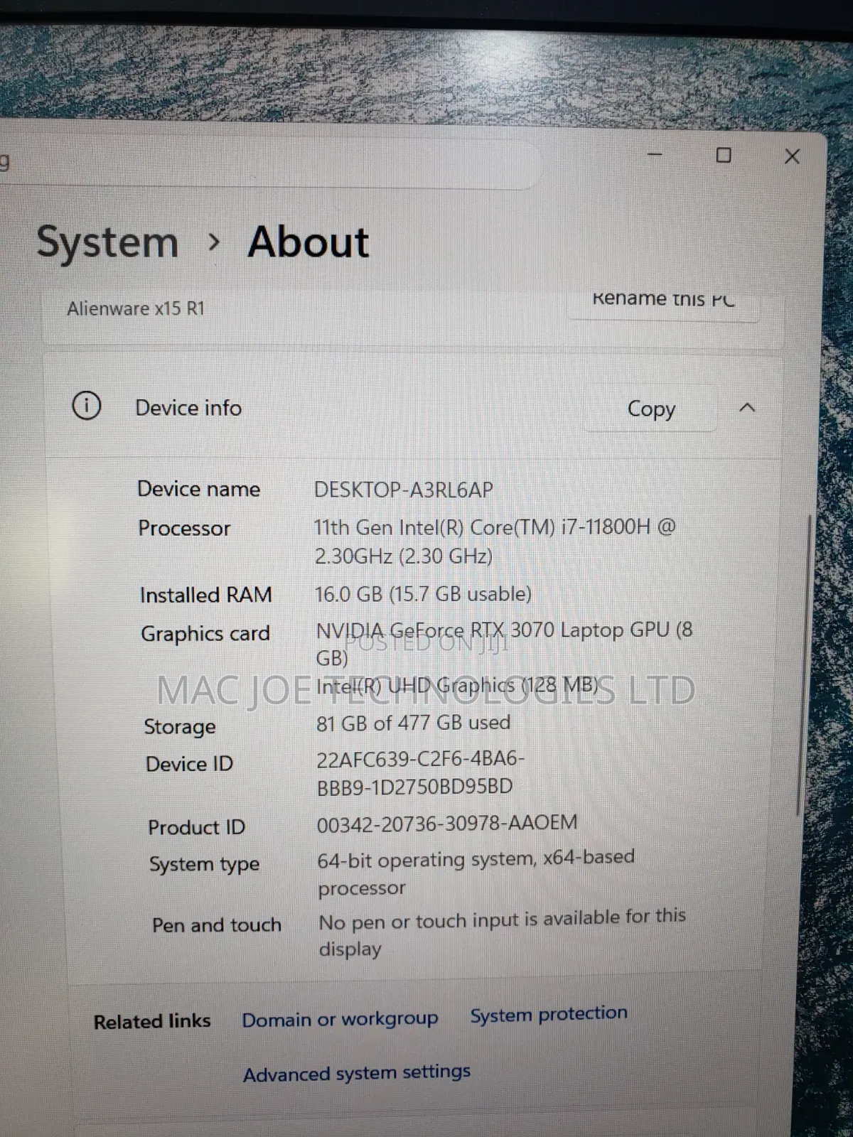 Laptop Alienware M15 16GB Intel Core i7 SSD 512GB