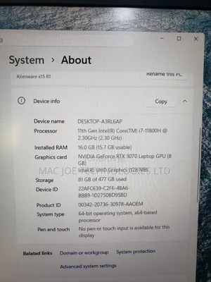 Laptop Alienware M15 16GB Intel Core i7 SSD 512GB