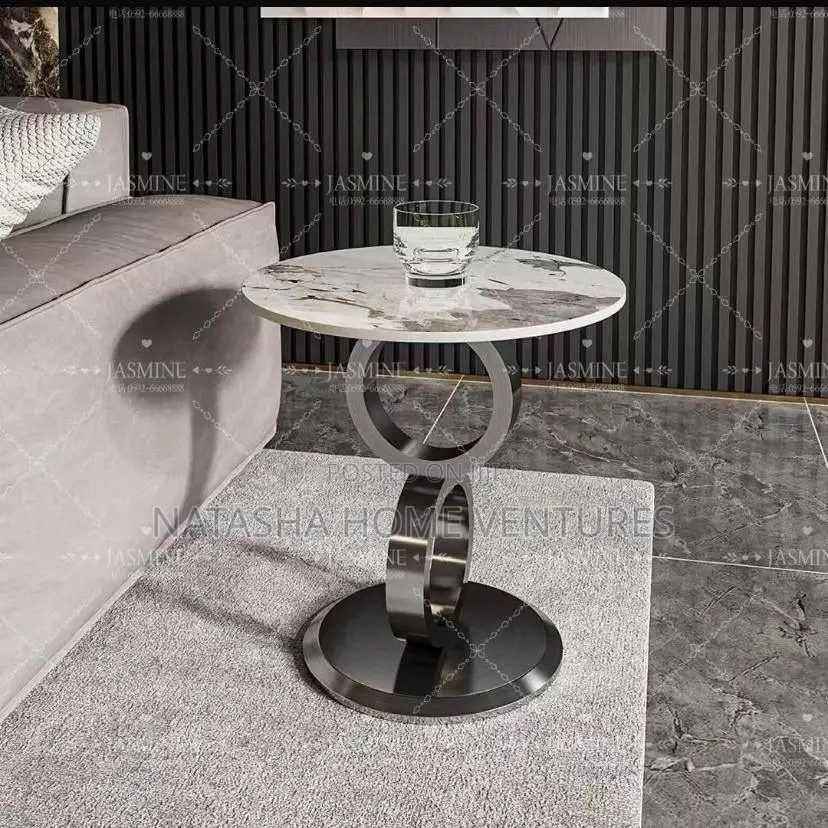 Marble-Top Side Table With Interlocking Ring Base (Silver)
