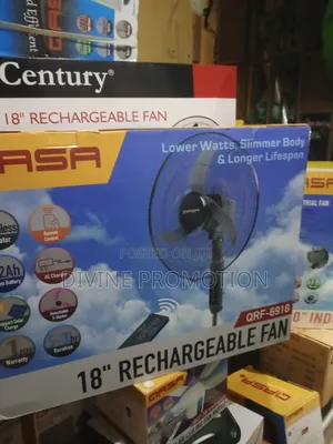 18" Qasa Rechargeable Standing Fan, With 3 Blade and 1 Year Warranty.