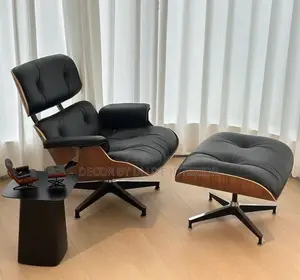 Leather Revolving Armchair With Ottoman and Rotatable Aluminum Base