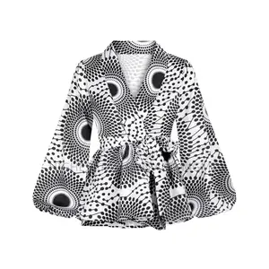V-Neck Lantern Sleeve Top and Jacket Print Outfit