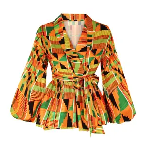 V-Neck Lantern Sleeve Top and Jacket Print Outfit