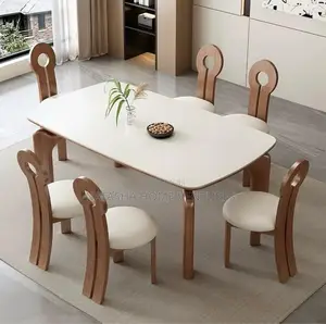 Cream Sintered Stone Dining Table With Sculptural Wood Chairs 6seater