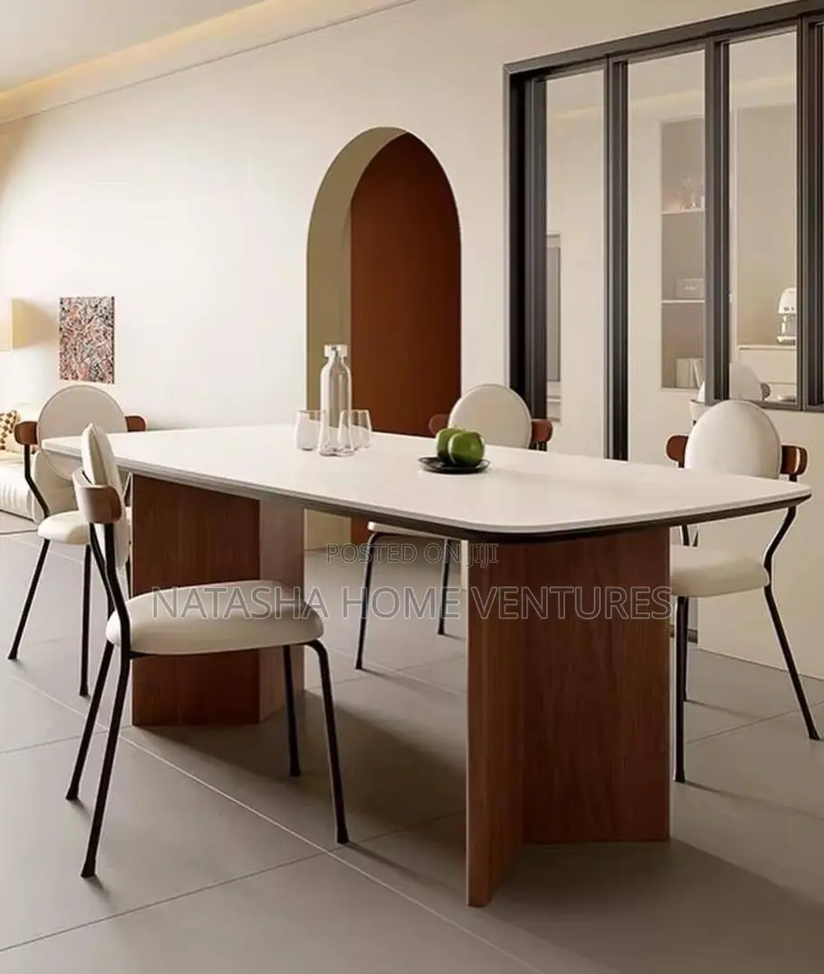 White Top Rectangular Dining Table With Cream Armchairs 6 Seaters