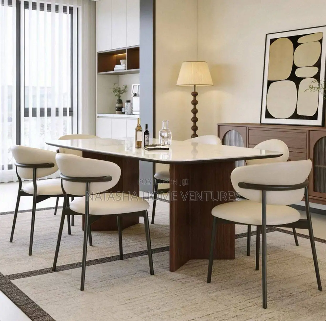 Rectangular White Stone Dining Set With Walnut Base (6-Seater)