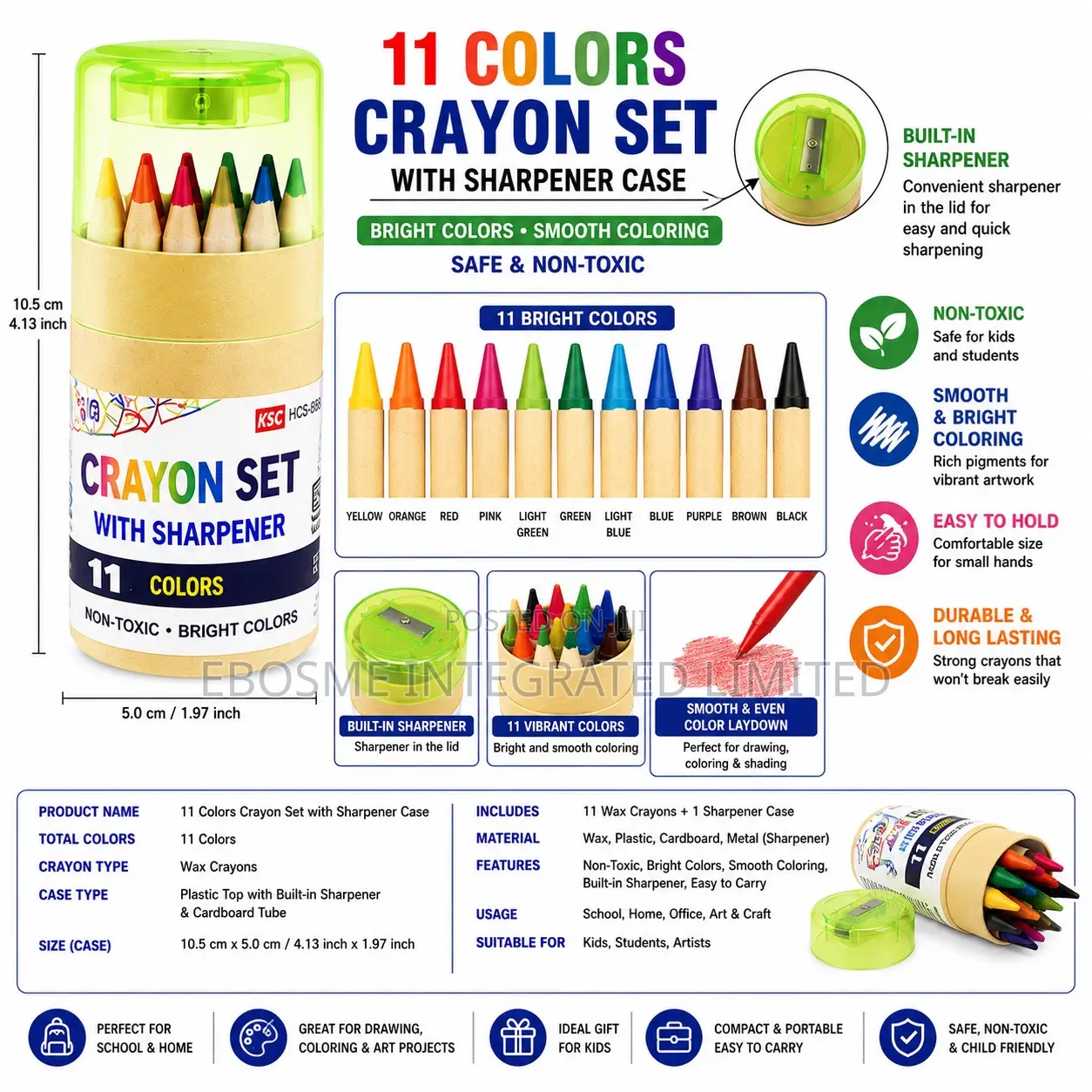 11 Colors Crayon Set With Sharpener Case