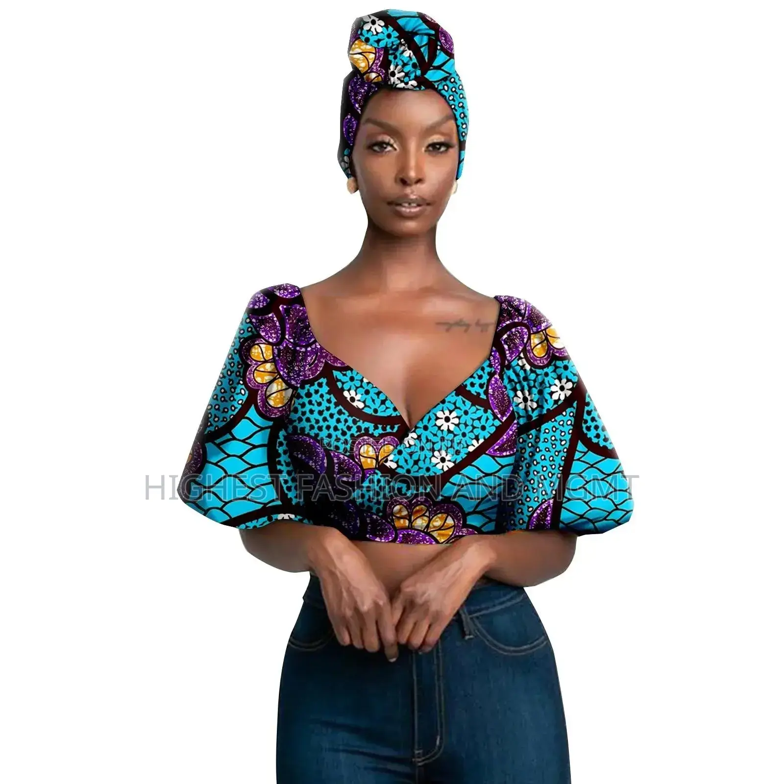 Lantern Sleeve Print Crop Top