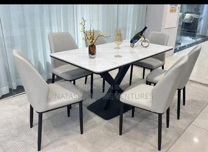 White Marble Dining Set With X-Base 6 Seaters