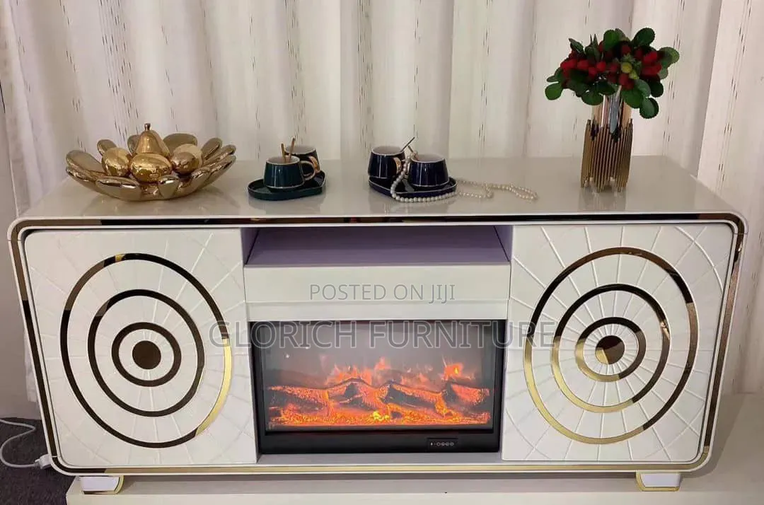 Classic Tv Stand – White Gold Sunburst Design