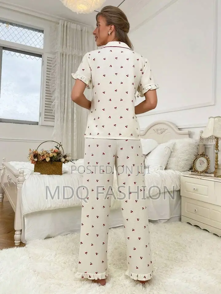 Luxury Cream Cherry Print Pajama Set