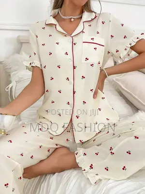 Luxury Cream Cherry Print Pajama Set