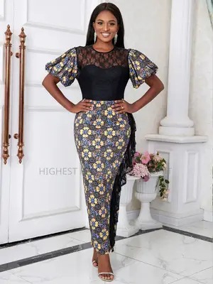 Lace Patchwork Puff Sleeve Ruffles Print Dress