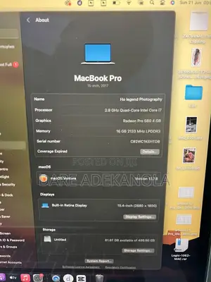 Laptop Apple MacBook Pro 2017 16GB Intel SSD 512GB