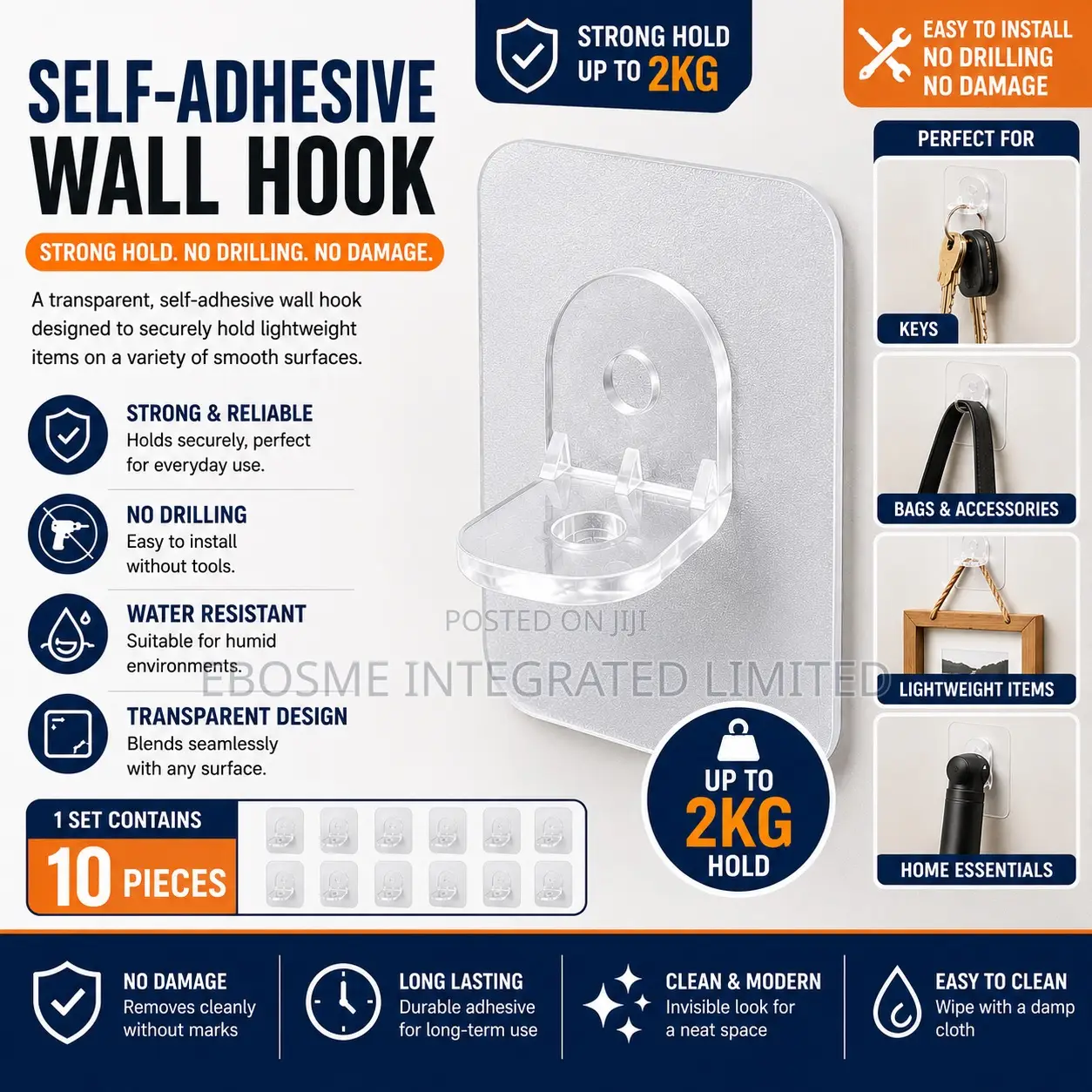 Self-Adhesive Transparent Wall Hooks (1 Set = 10 Pieces)