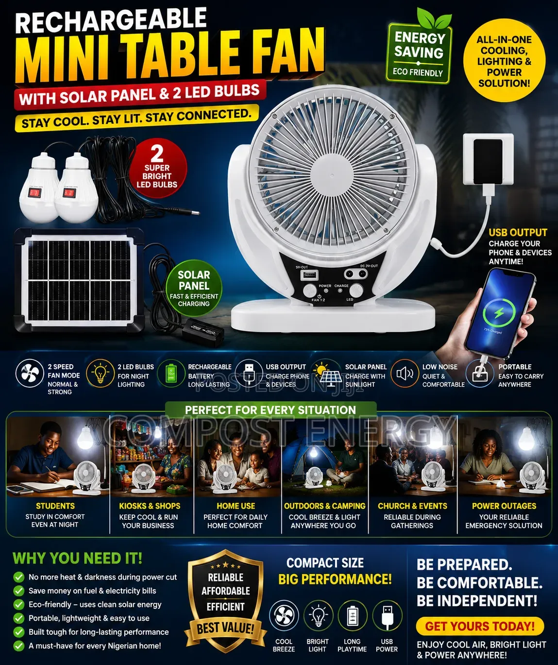 6 Inch Recharge Table Fan With 2 Bulbs and Panel
